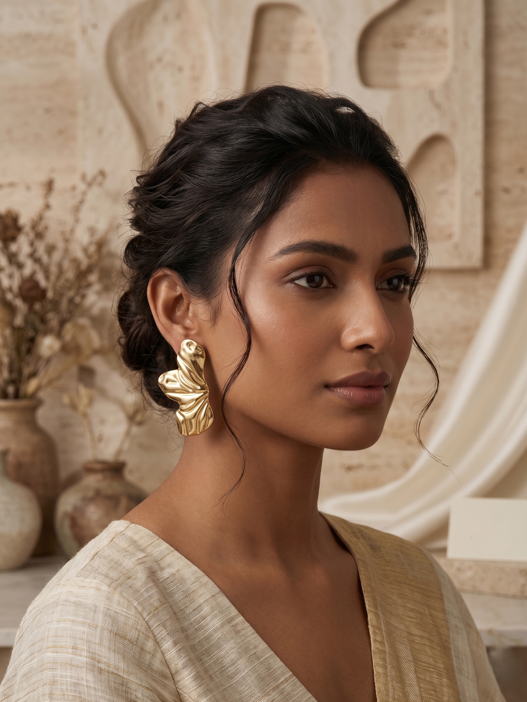 Golden Sculpted Statement Earrings - Image 2